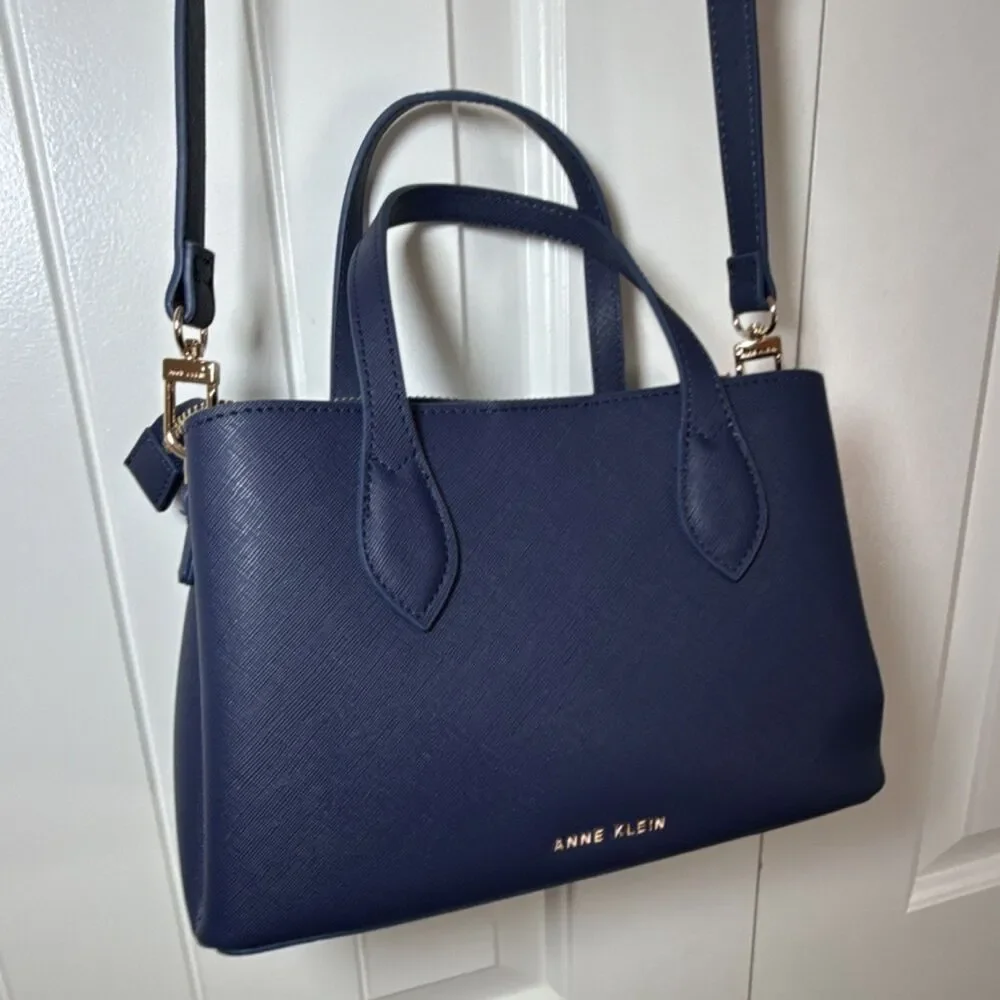 Anne Klein Navy Blue Satchel Gold Hardware Detachable Adjustable Strap Pockets - Picture 13 of 13